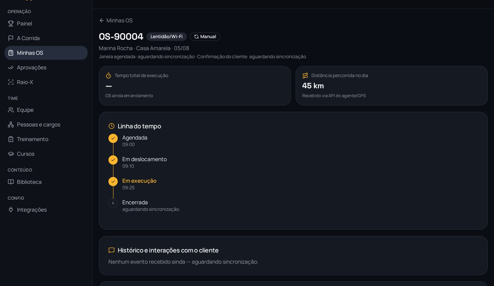 Tela de detalhe de ordem de serviço com linha do tempo e checklist com fotos